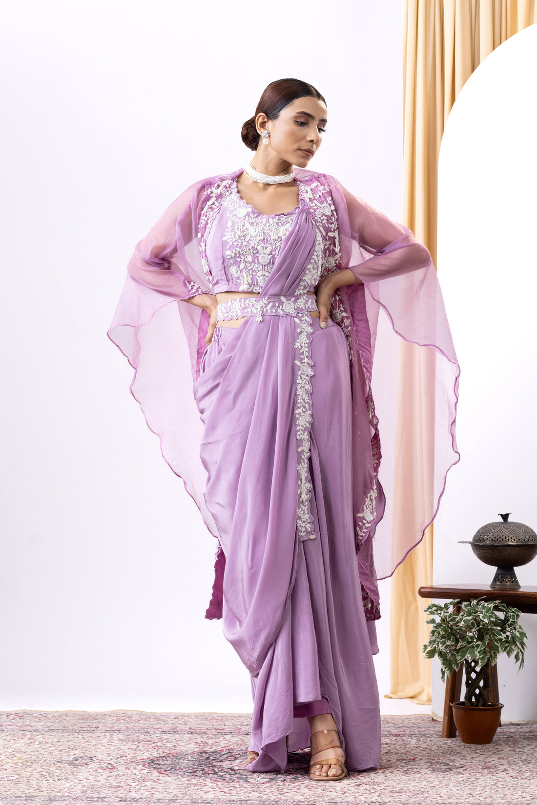 Lilac georgette and organza embroidered pre-draped saree set