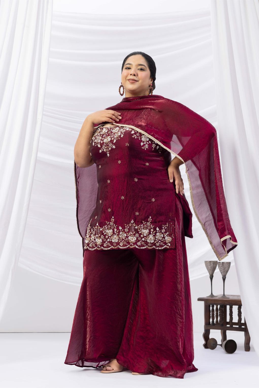 Wine Embroidered Kurta Palazzo Set