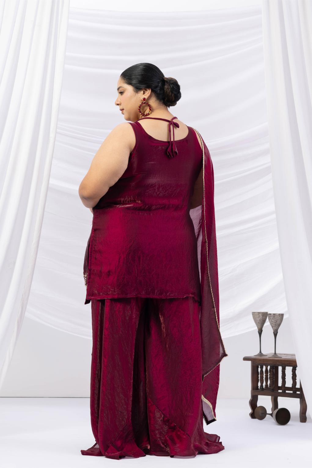 Wine Embroidered Kurta Palazzo Set