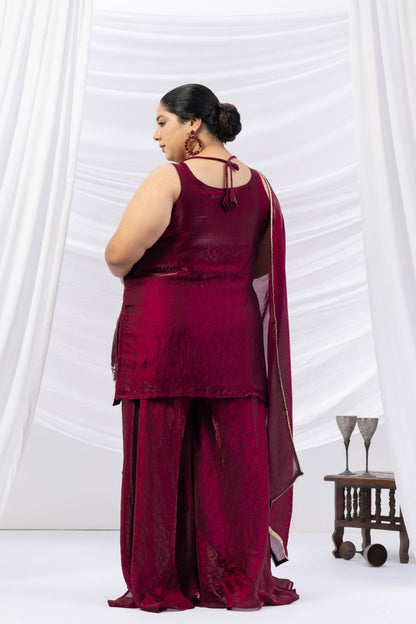 Wine Embroidered Kurta Palazzo Set