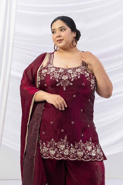 Wine Embroidered Kurta Palazzo Set