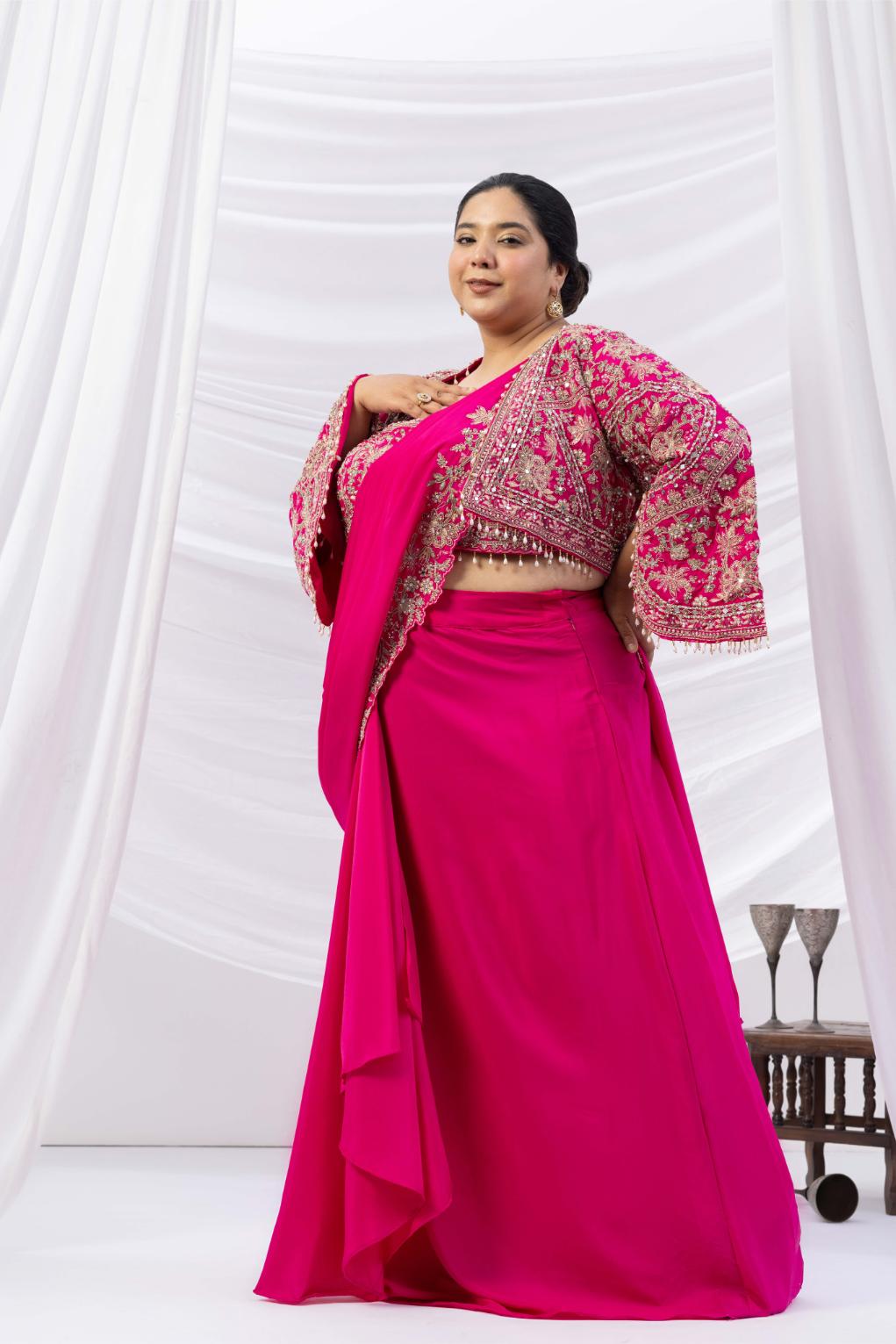 Fuchsia Royale Jacket Saree Set