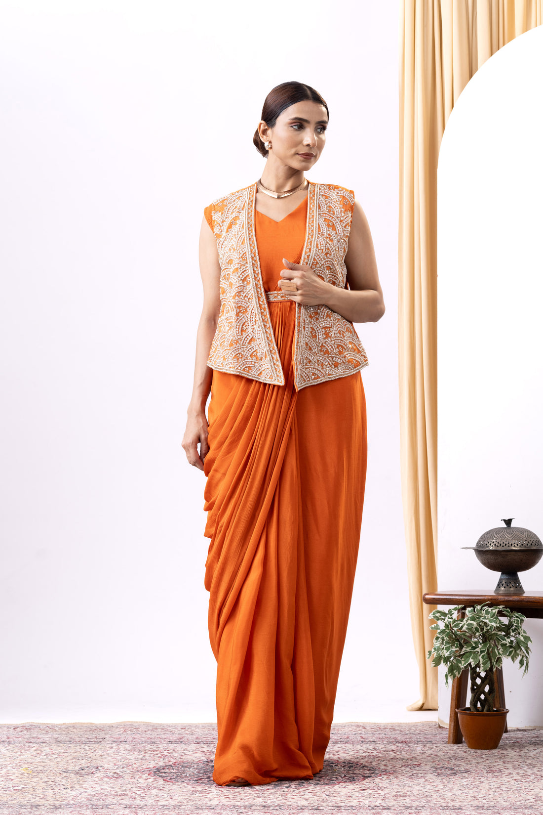 Orange Dhoti Style Gown with Embroidered Jacket