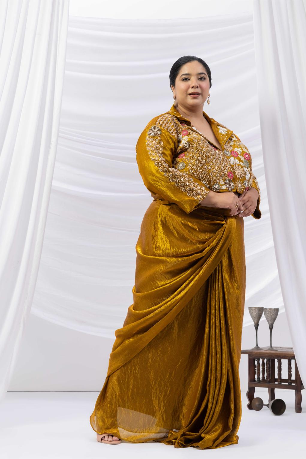 Bronze Gold Fusion Skirt Set with Hand Embroidered Jacket Blouse