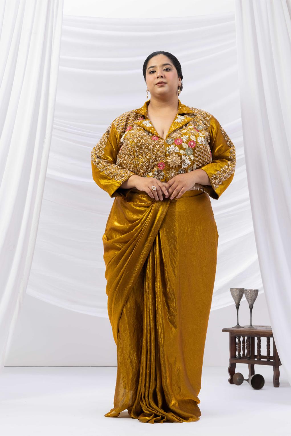 Bronze Gold Fusion Skirt Set with Hand Embroidered Jacket Blouse