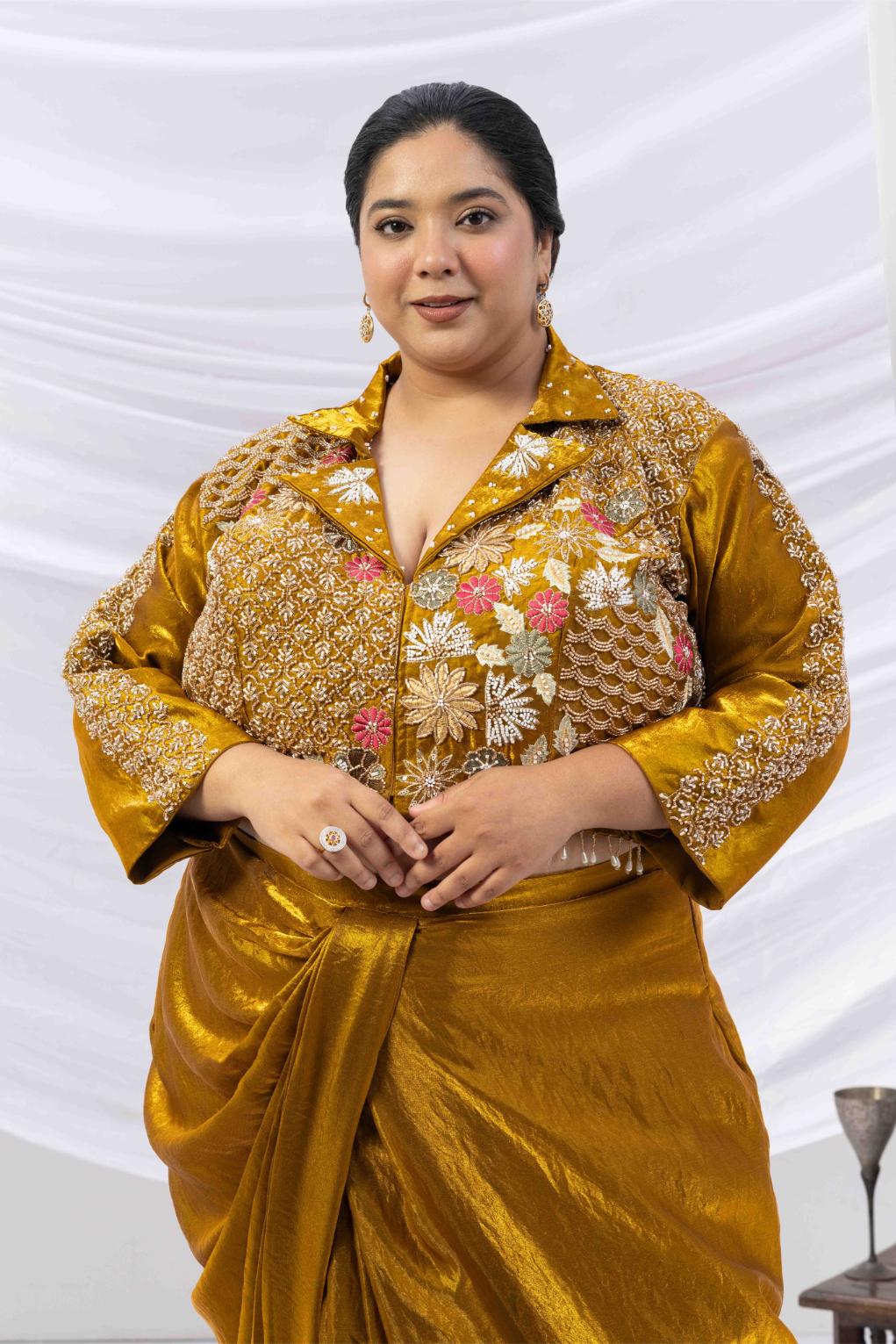 Bronze Gold Fusion Skirt Set with Hand Embroidered Jacket Blouse