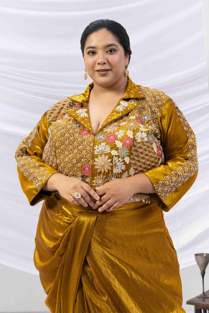 Bronze Gold Fusion Skirt Set with Hand Embroidered Jacket Blouse