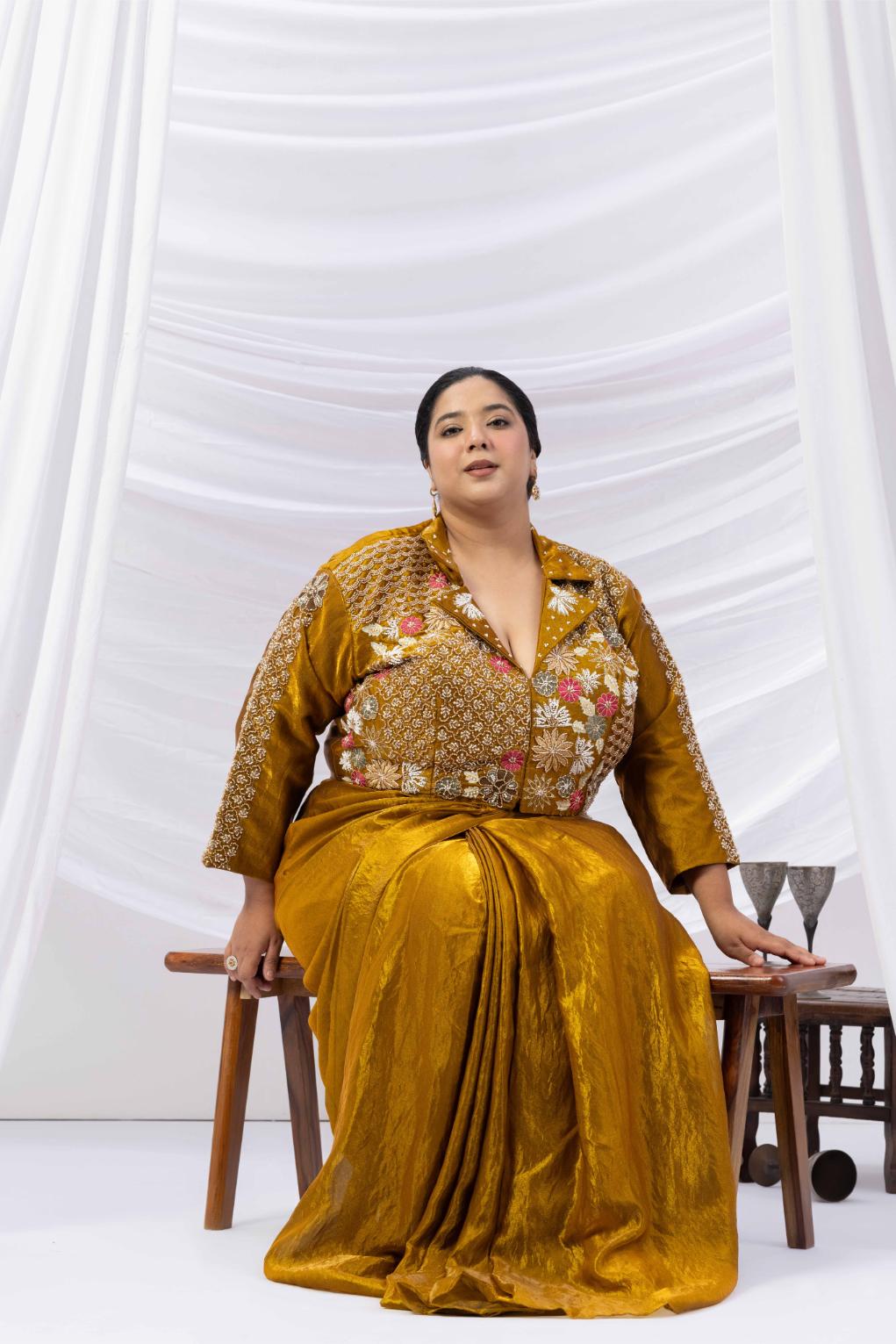 Bronze Gold Fusion Skirt Set with Hand Embroidered Jacket Blouse