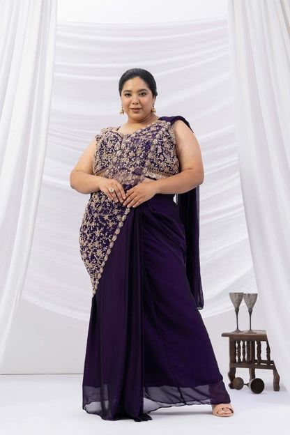 Midnight Purple Embroidered Drape Saree Set