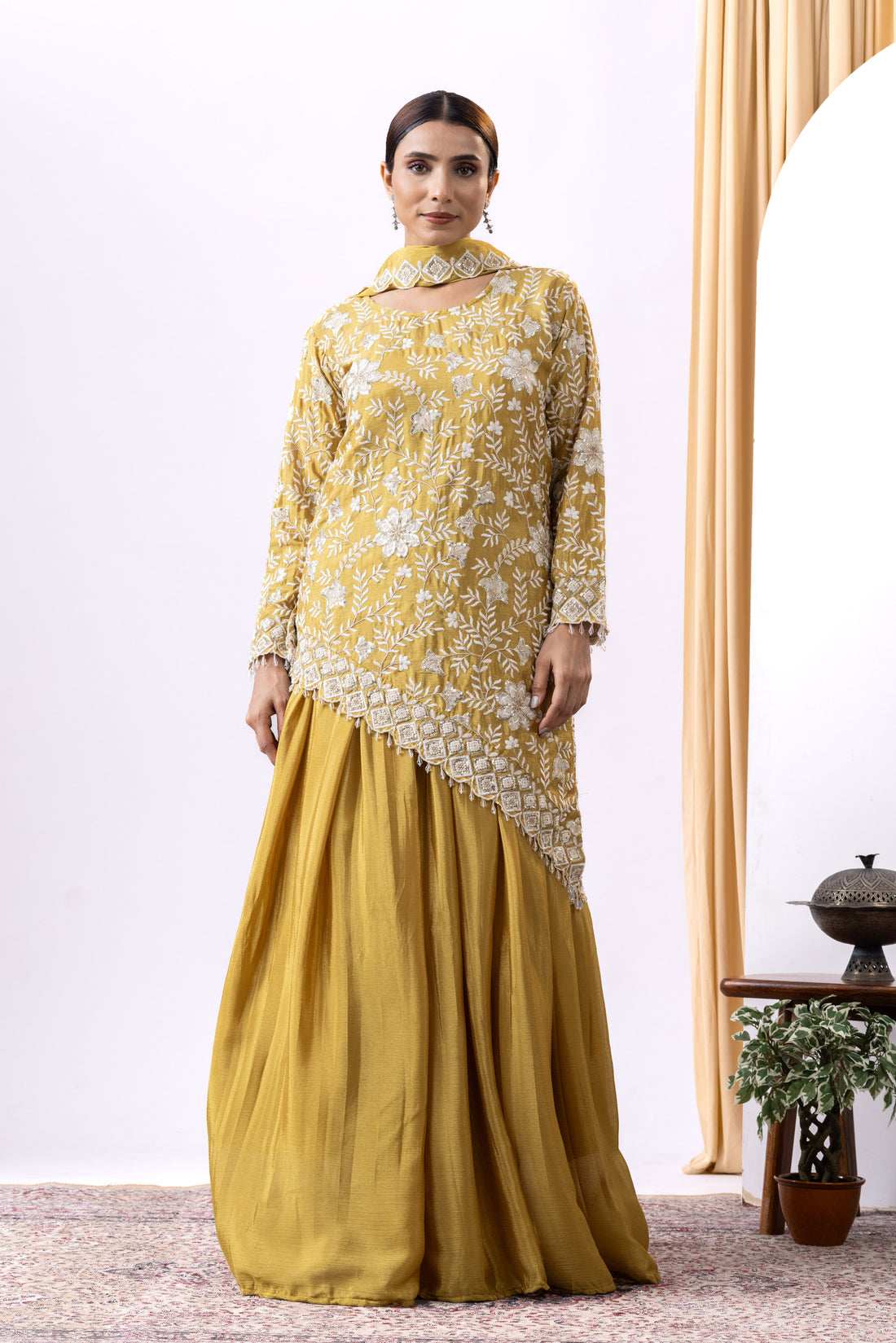 Mustard yellow Hand embroidered lehnga set