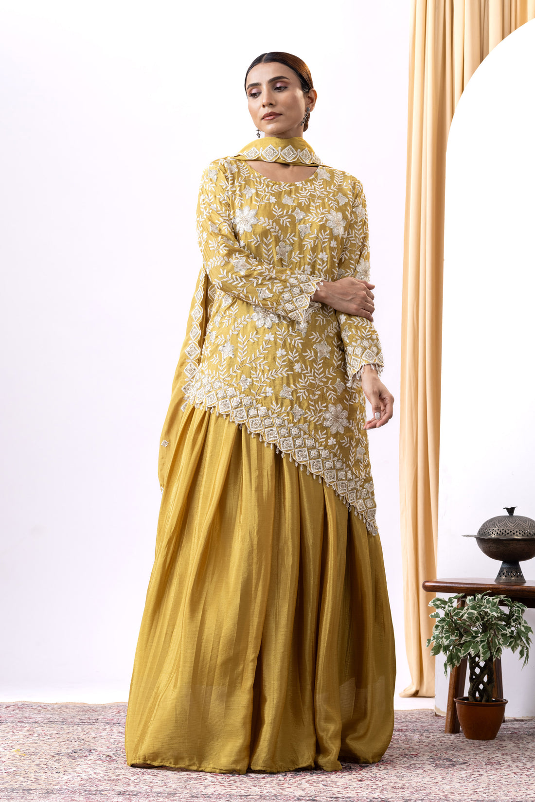 Mustard yellow Hand embroidered lehnga set