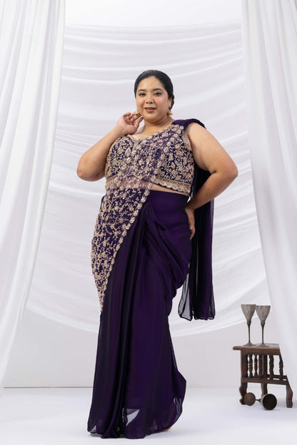 Midnight Purple Embroidered Drape Saree Set
