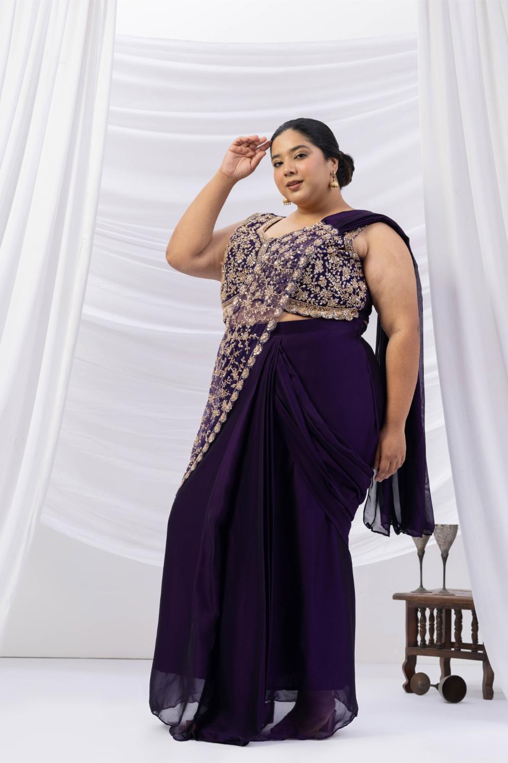 Midnight Purple Embroidered Drape Saree Set
