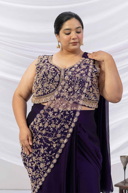 Midnight Purple Embroidered Drape Saree Set