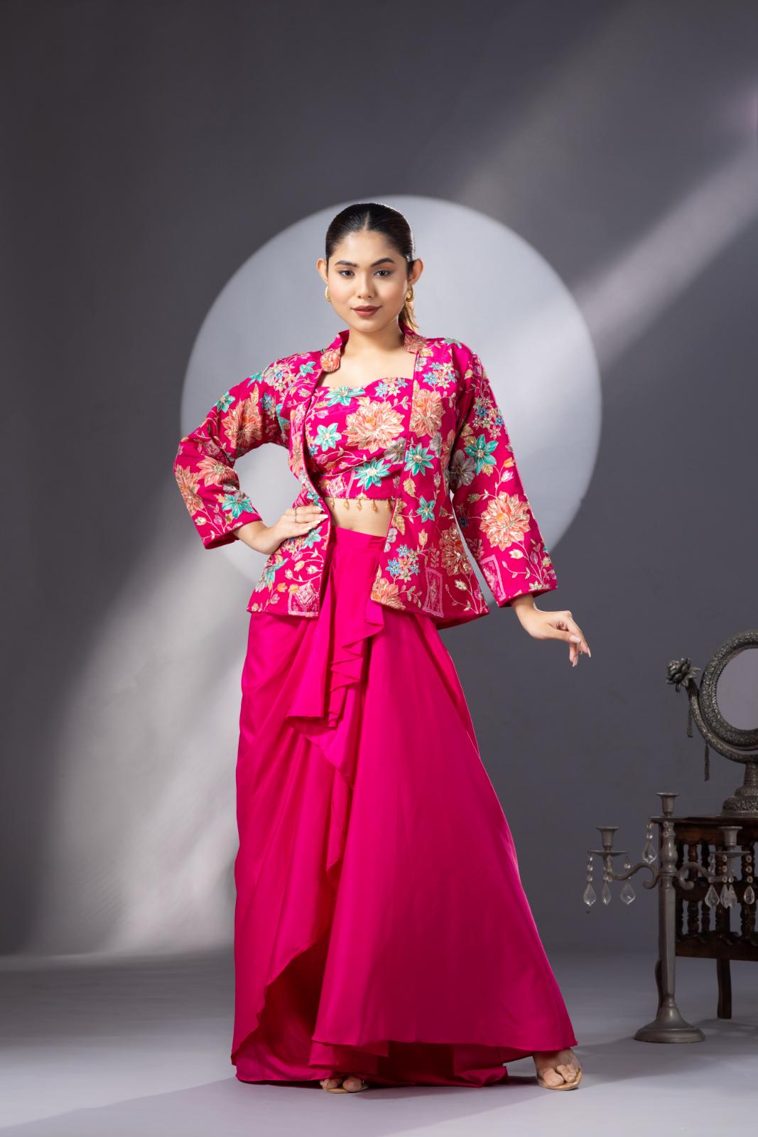 Magenta Pink Dhoti Skirt with Embroidered Top &amp; Full Sleeves Jacket