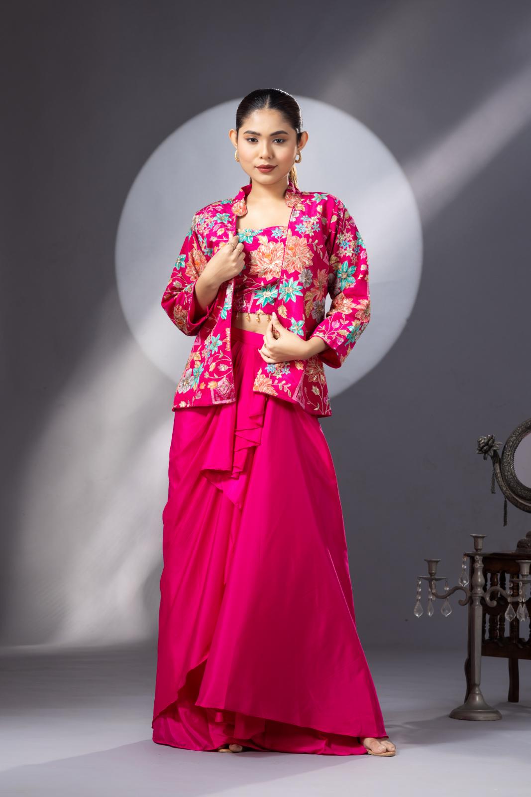 Magenta Pink Dhoti Skirt with Embroidered Top &amp; Full Sleeves Jacket