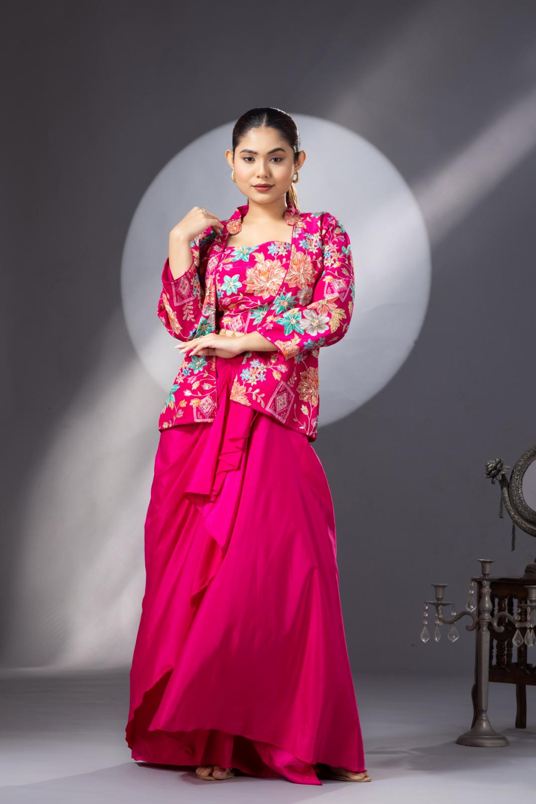 Magenta Pink Dhoti Skirt with Embroidered Top &amp; Full Sleeves Jacket