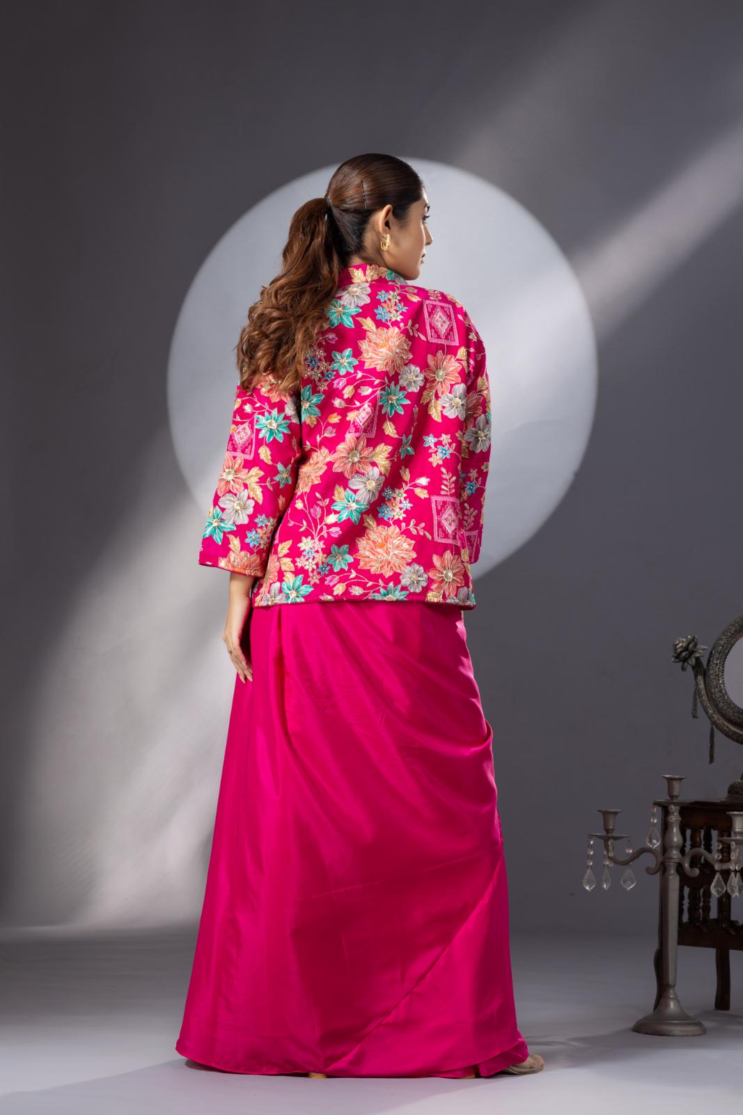 Magenta Pink Dhoti Skirt with Embroidered Top &amp; Full Sleeves Jacket