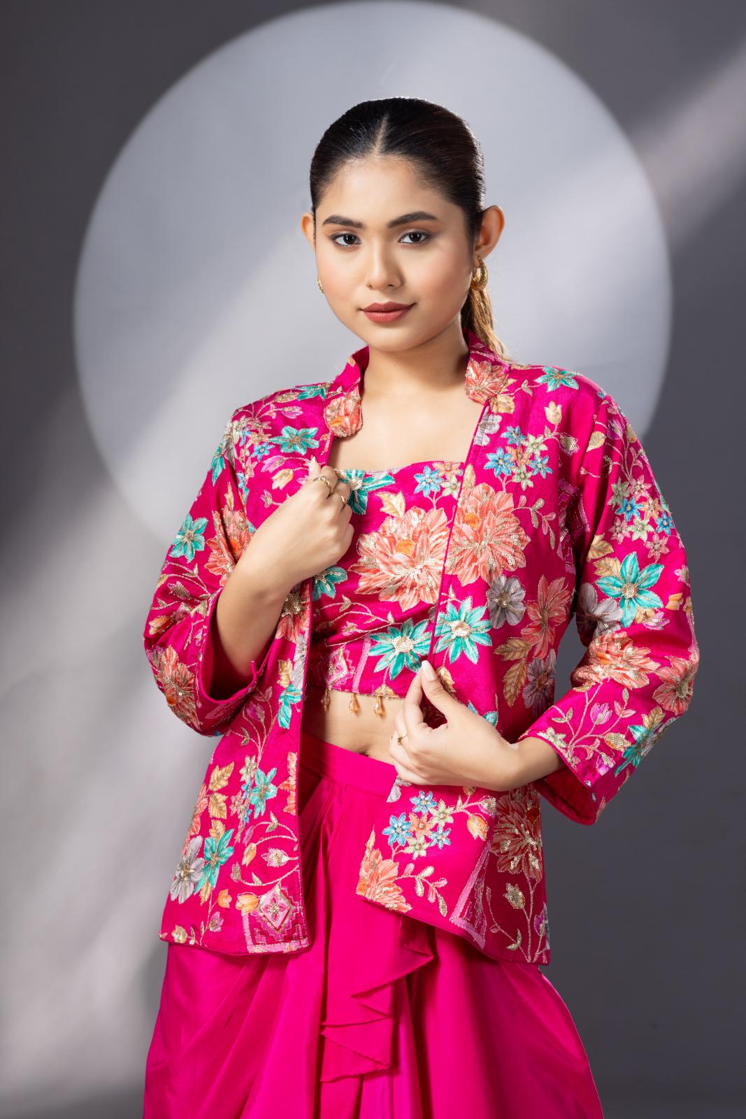 Magenta Pink Dhoti Skirt with Embroidered Top &amp; Full Sleeves Jacket