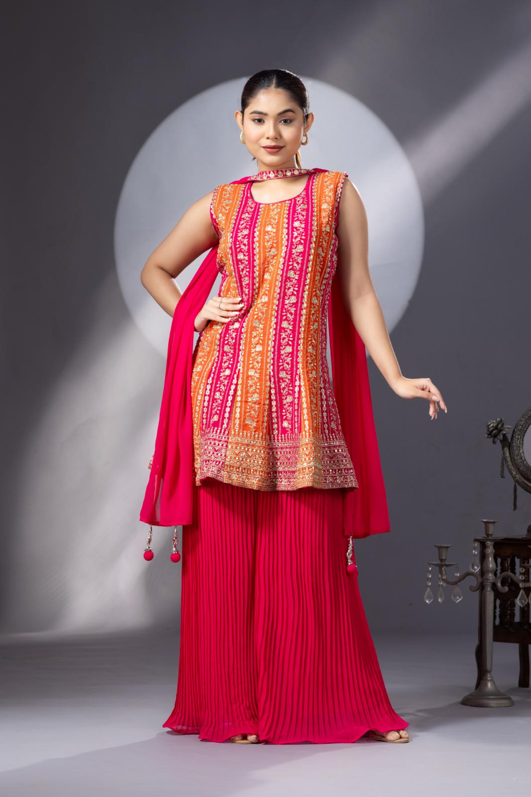 Orange Pink Peplum Sharara Set