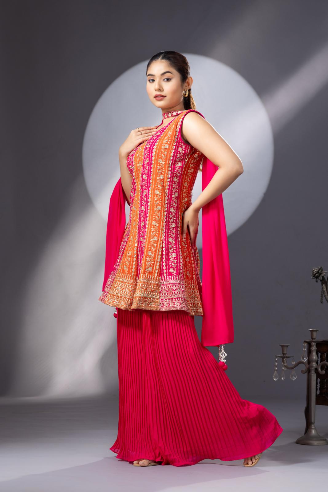 Orange Pink Peplum Sharara Set