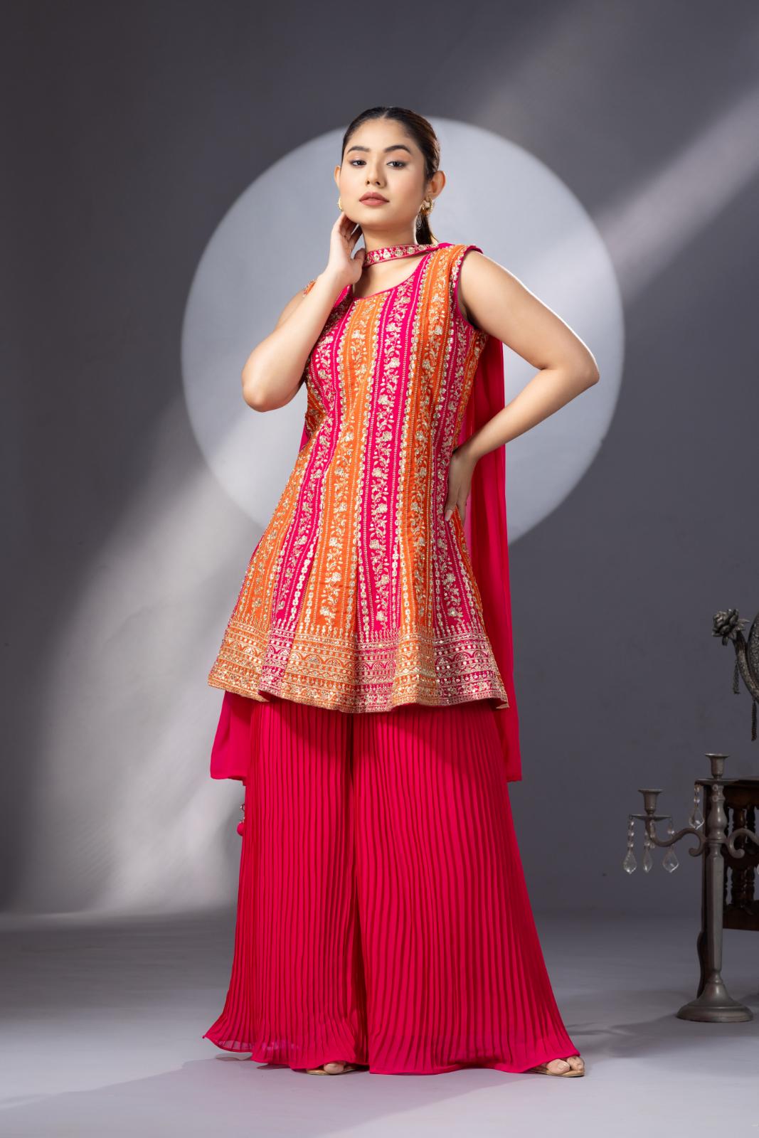 Orange Pink Peplum Sharara Set