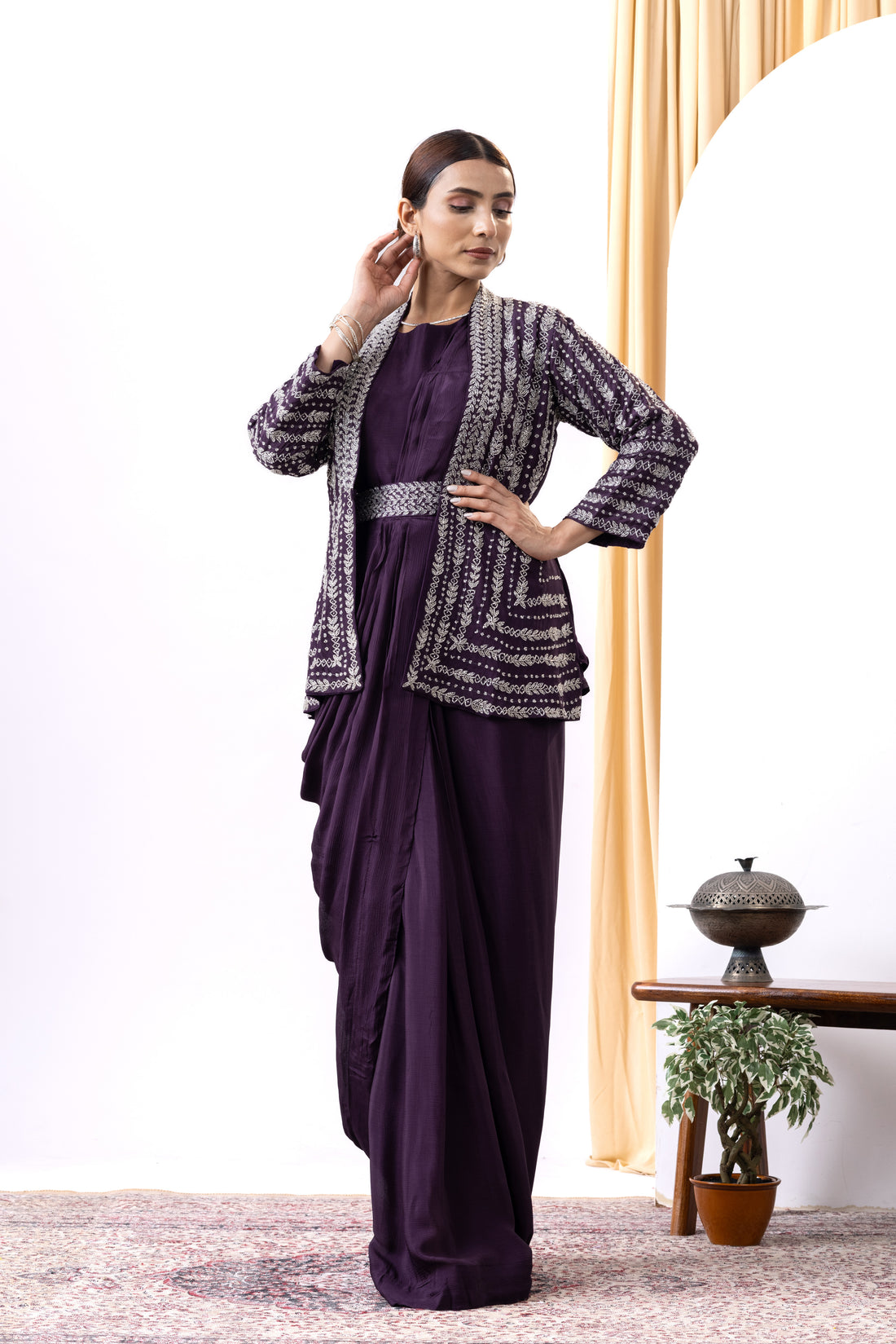 Wine Draped Gown with Embellished Handwork Jacket