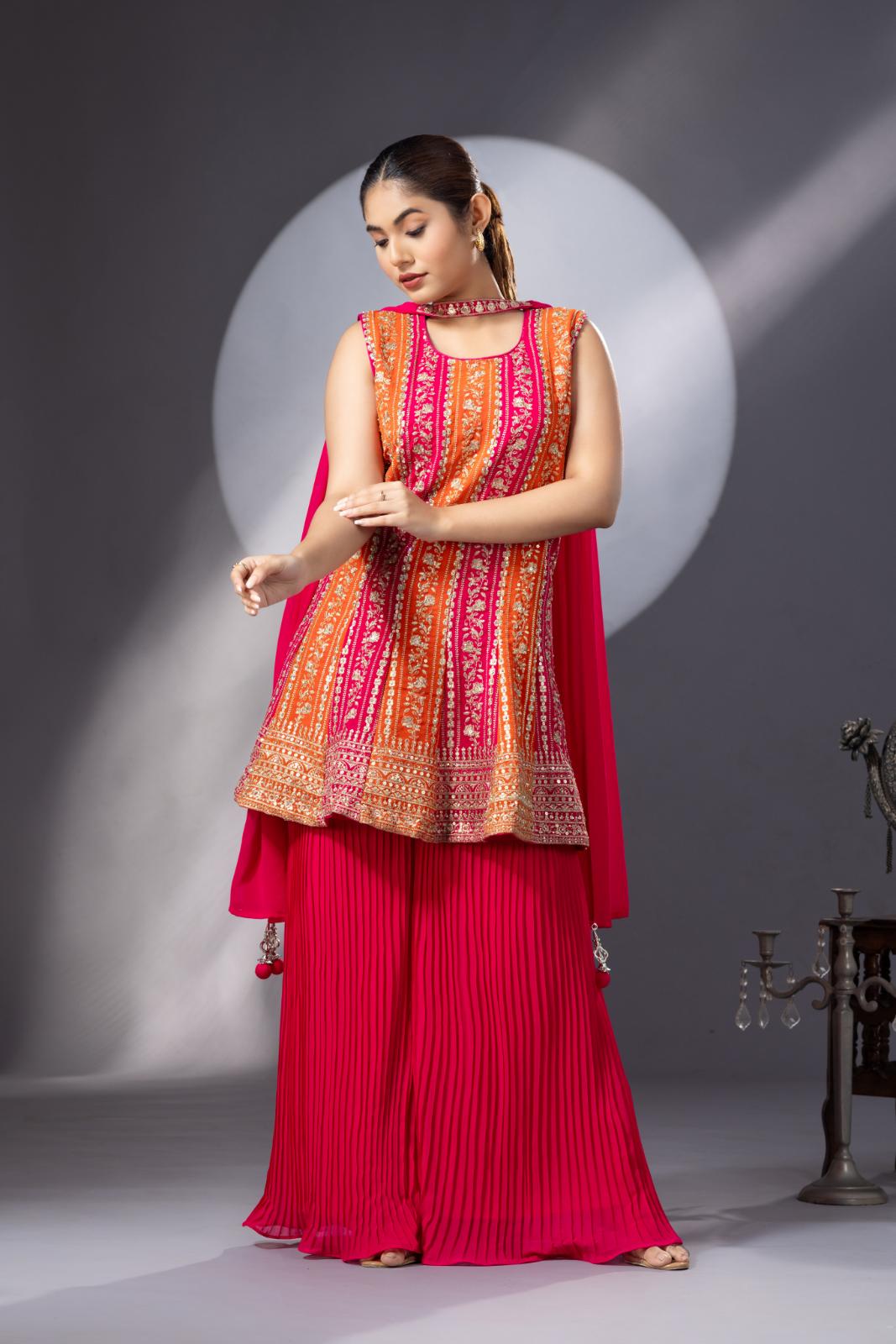 Orange Pink Peplum Sharara Set