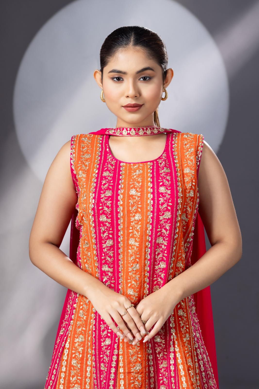 Orange Pink Peplum Sharara Set