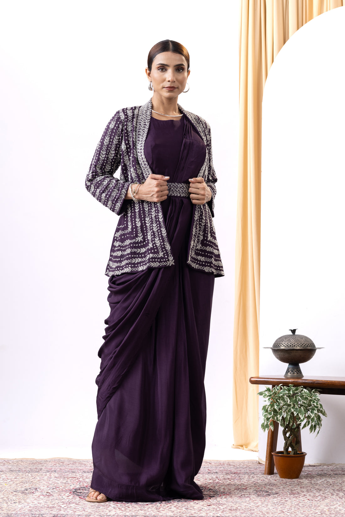 Wine Draped Gown with Embellished Handwork Jacket