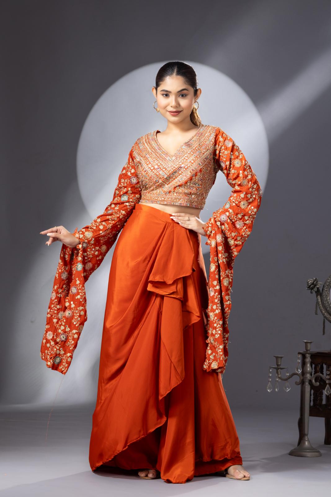 Orange Draped Skirt with Exaggerated Sleeves