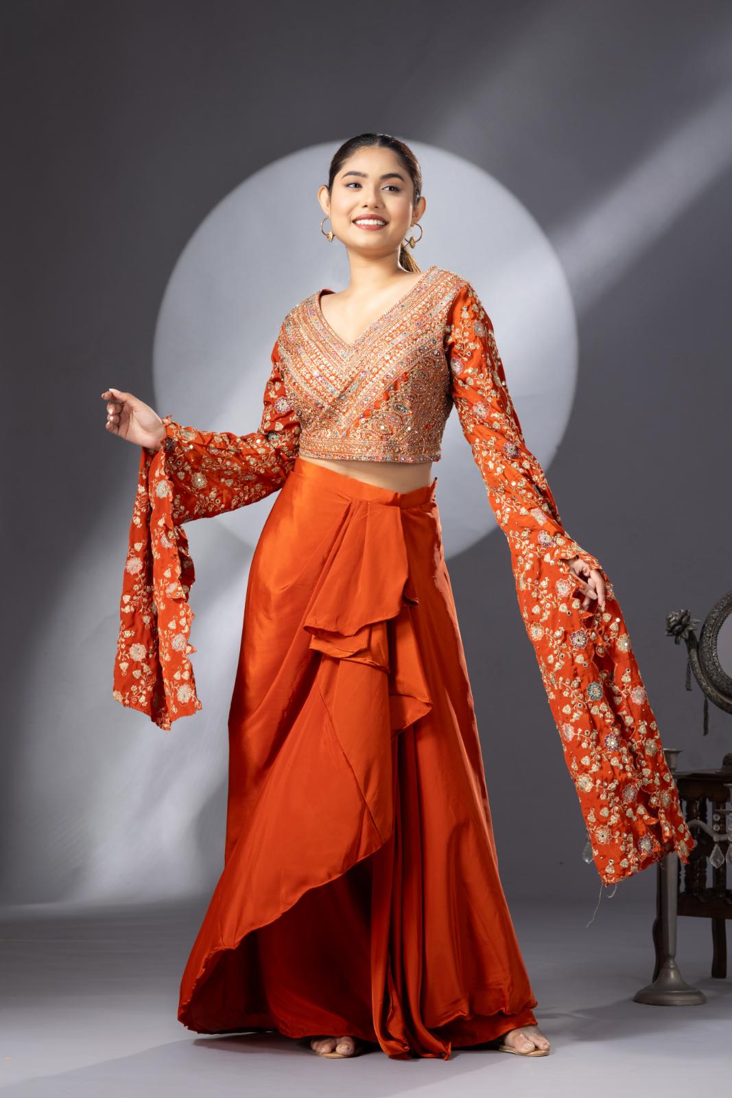 Orange Draped Skirt with Exaggerated Sleeves