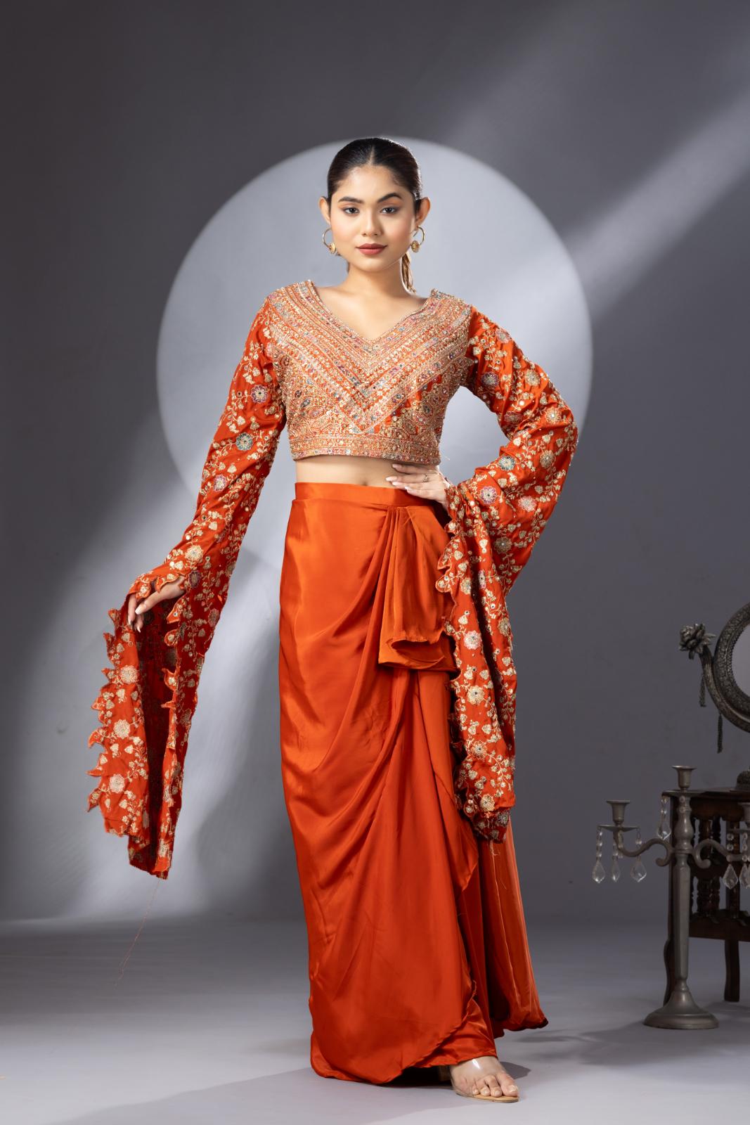 Orange Draped Skirt with Exaggerated Sleeves