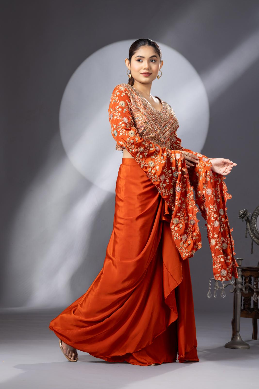 Orange Draped Skirt with Exaggerated Sleeves