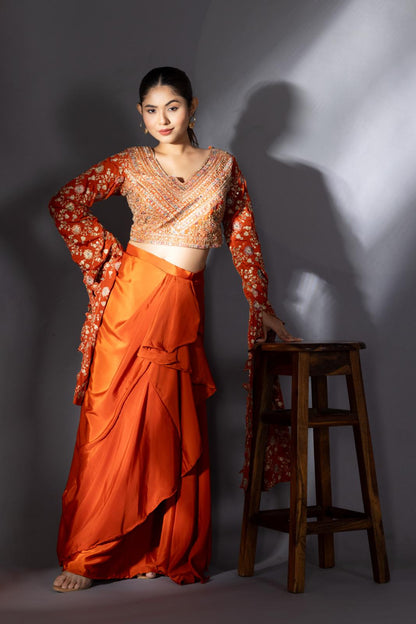 Orange Draped Skirt with Exaggerated Sleeves