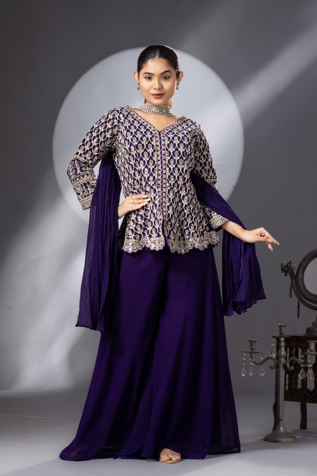 Purple Sharara with Full Embroidered Top &amp; Choker Dupatta