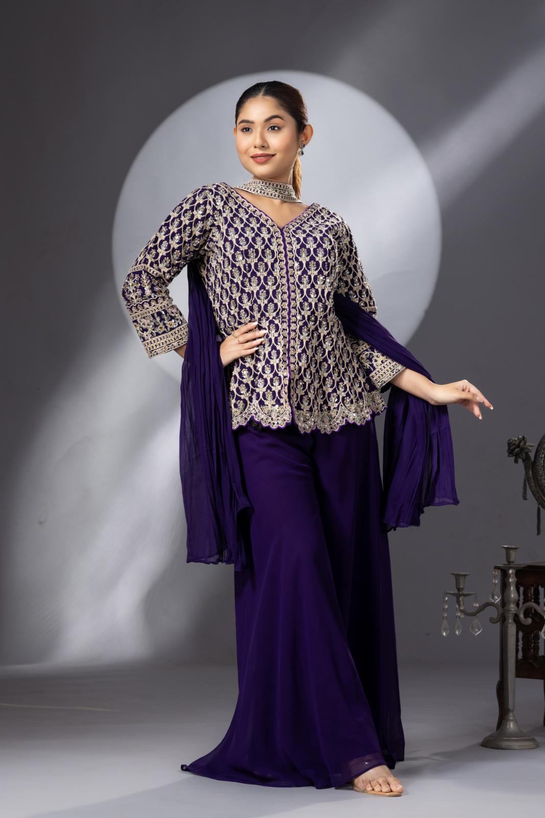 Purple Sharara with Full Embroidered Top &amp; Choker Dupatta