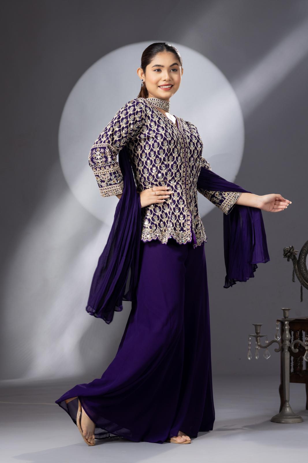 Purple Sharara with Full Embroidered Top &amp; Choker Dupatta