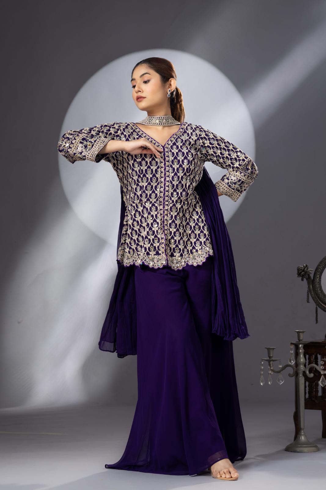 Purple Sharara with Full Embroidered Top &amp; Choker Dupatta