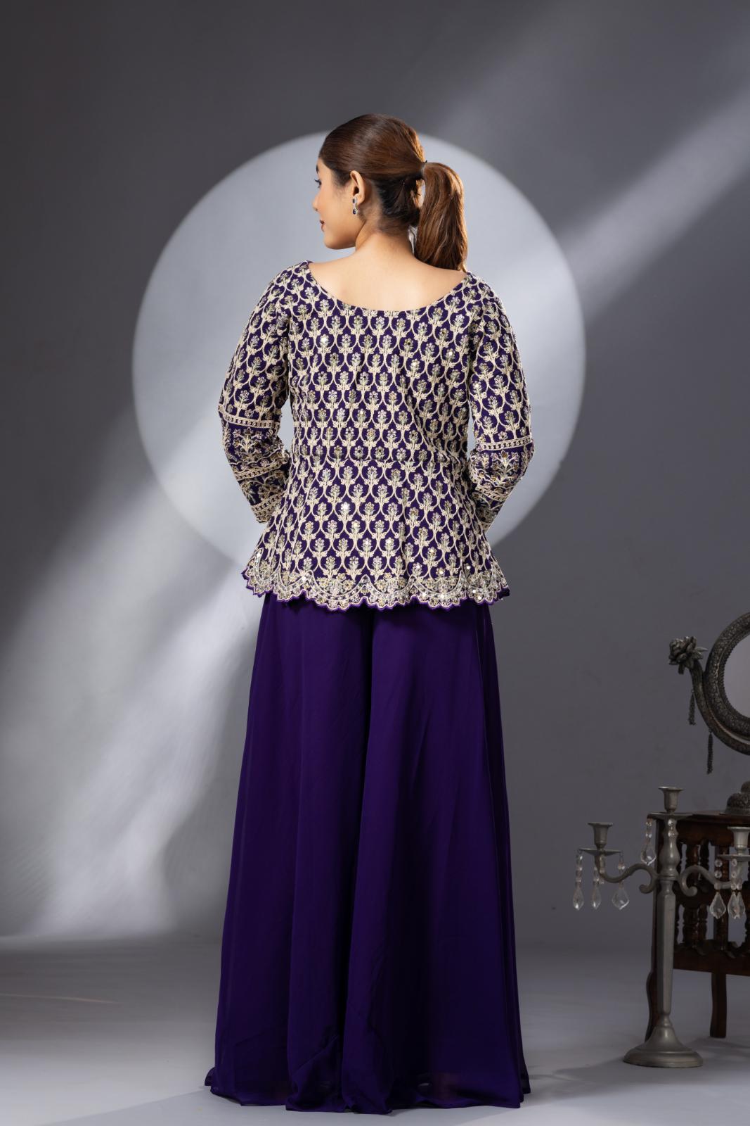 Purple Sharara with Full Embroidered Top &amp; Choker Dupatta