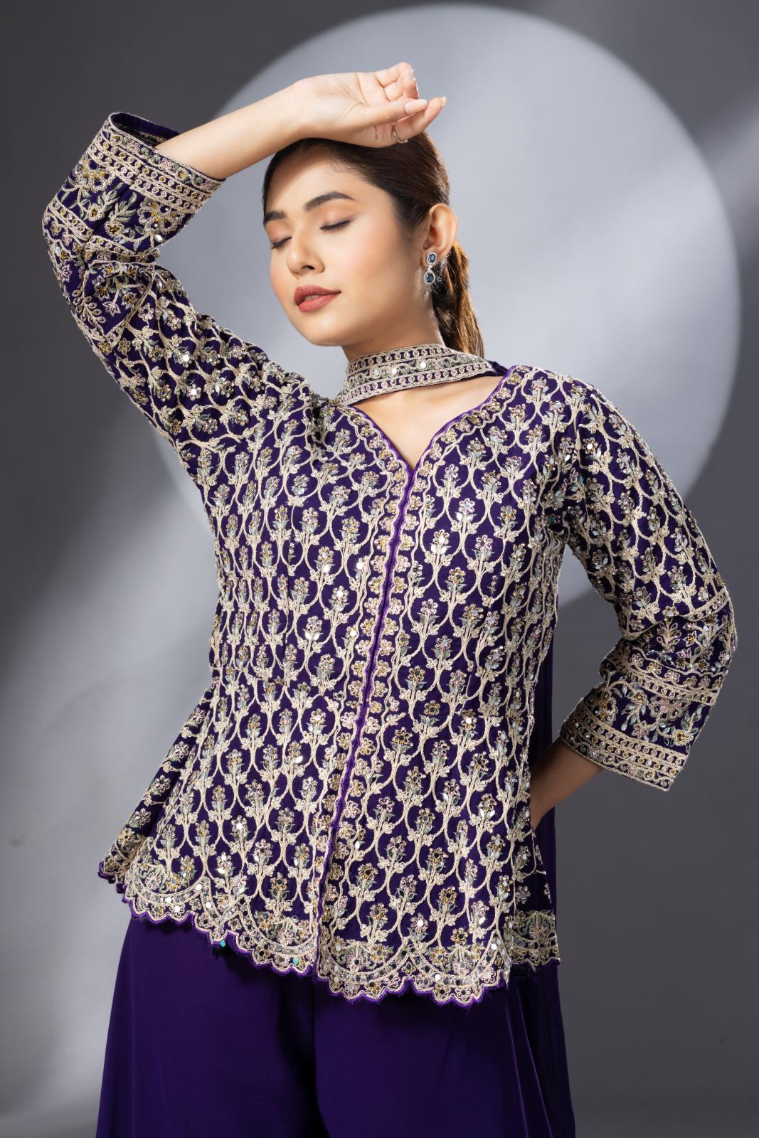 Purple Sharara with Full Embroidered Top &amp; Choker Dupatta