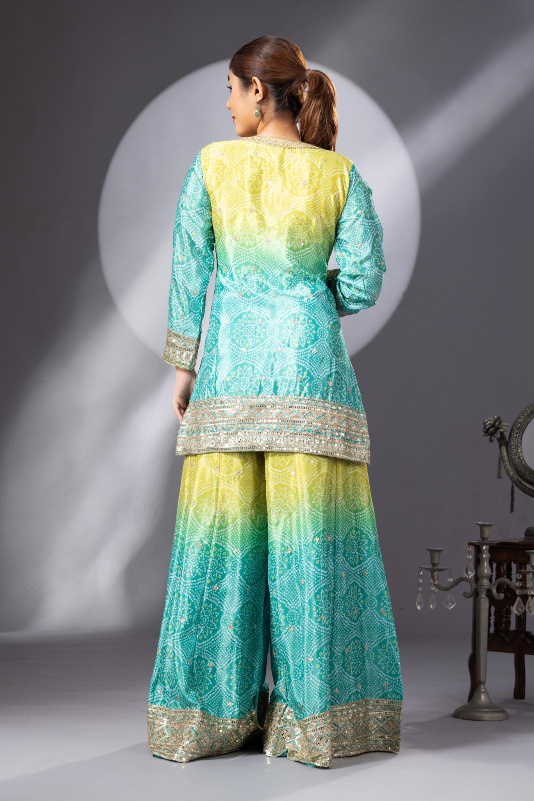 Stunning Mehendi Green Bandhani Print Sharara Set