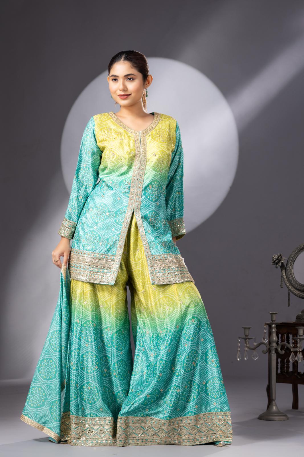 Stunning Mehendi Green Bandhani Print Sharara Set