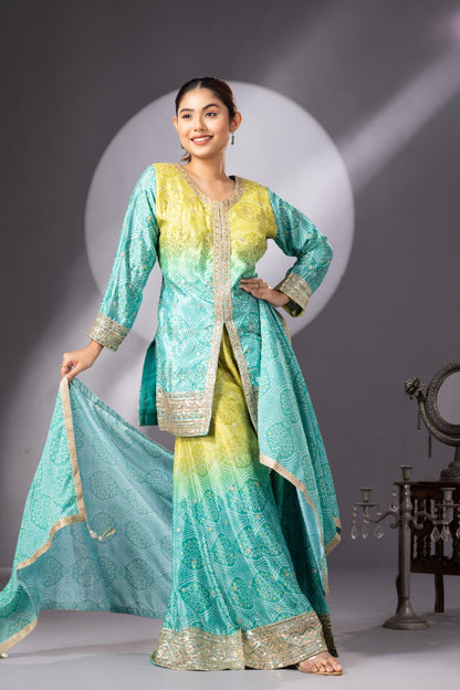 Stunning Mehendi Green Bandhani Print Sharara Set