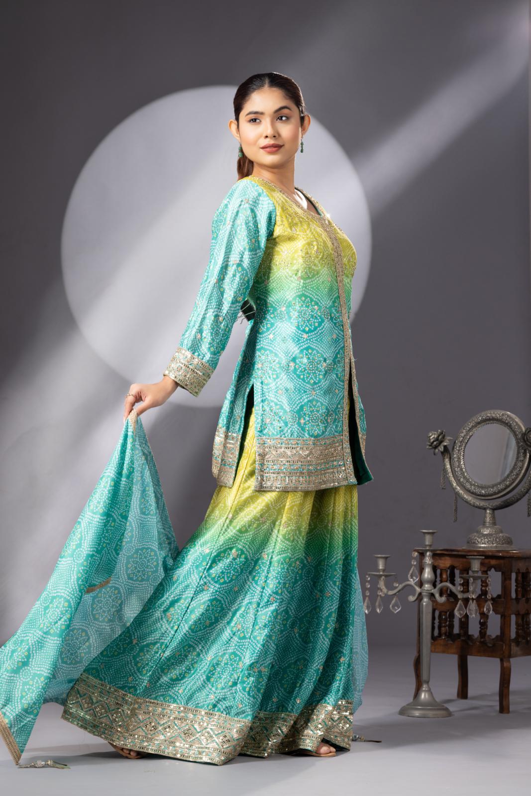 Stunning Mehendi Green Bandhani Print Sharara Set