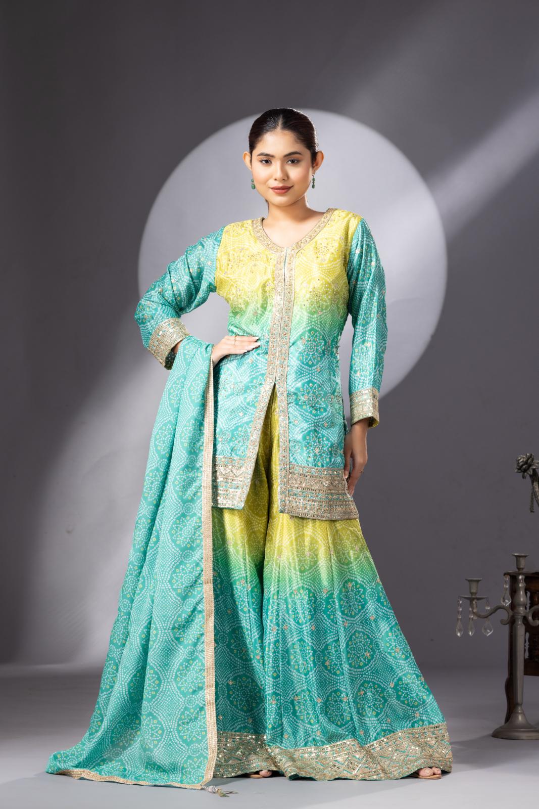 Stunning Mehendi Green Bandhani Print Sharara Set