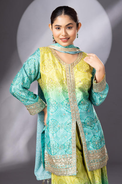 Stunning Mehendi Green Bandhani Print Sharara Set