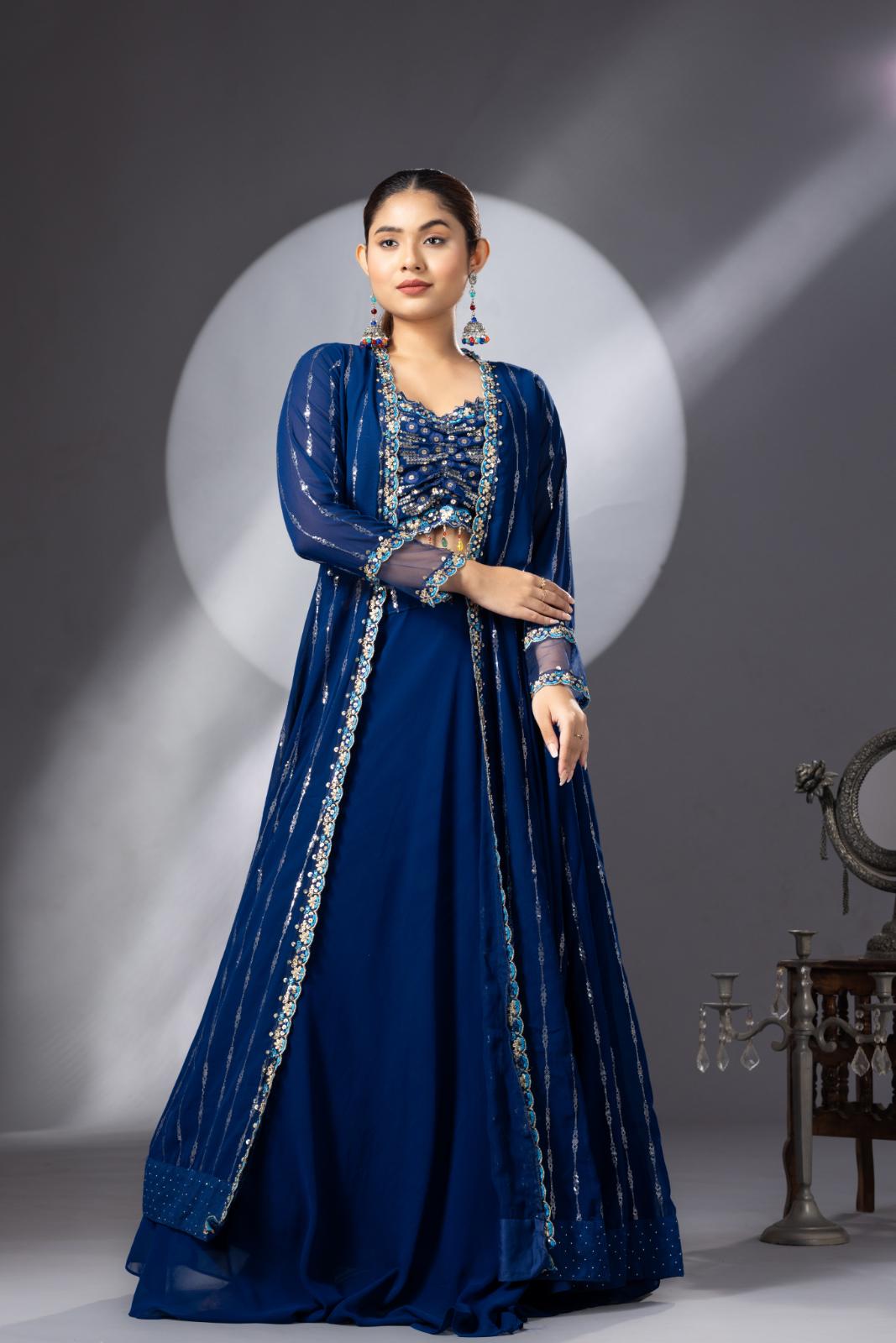 Deep Blue Lehenga set with Long Cape