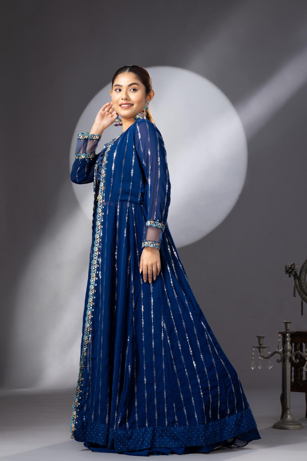 Deep Blue Lehenga set with Long Cape