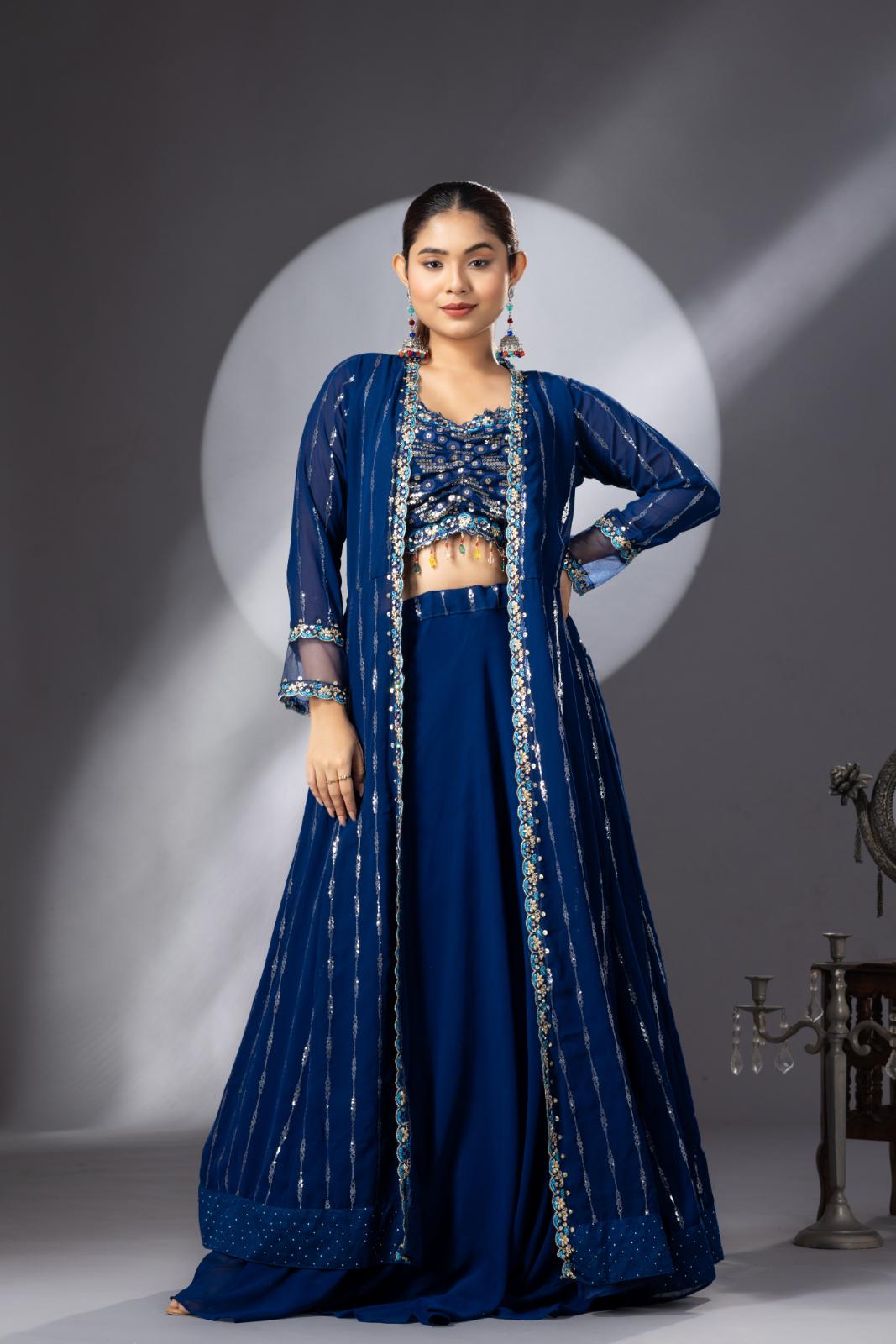 Deep Blue Lehenga set with Long Cape